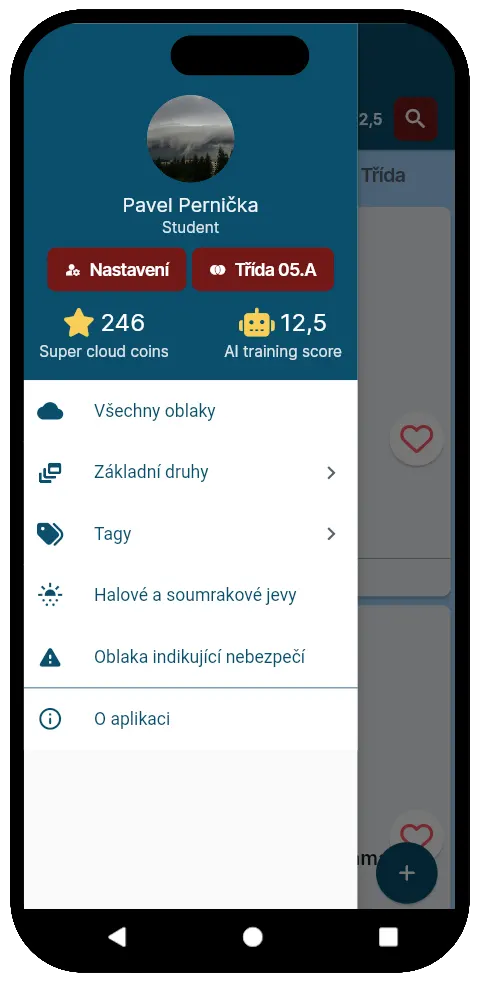 Navigační nabídka žáka zapojeného do třídy