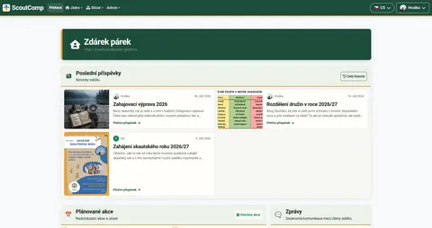 Oddílový přehled aplikace ScoutComp s posledními příspěvky, plánovanými akcemi a zprávami.