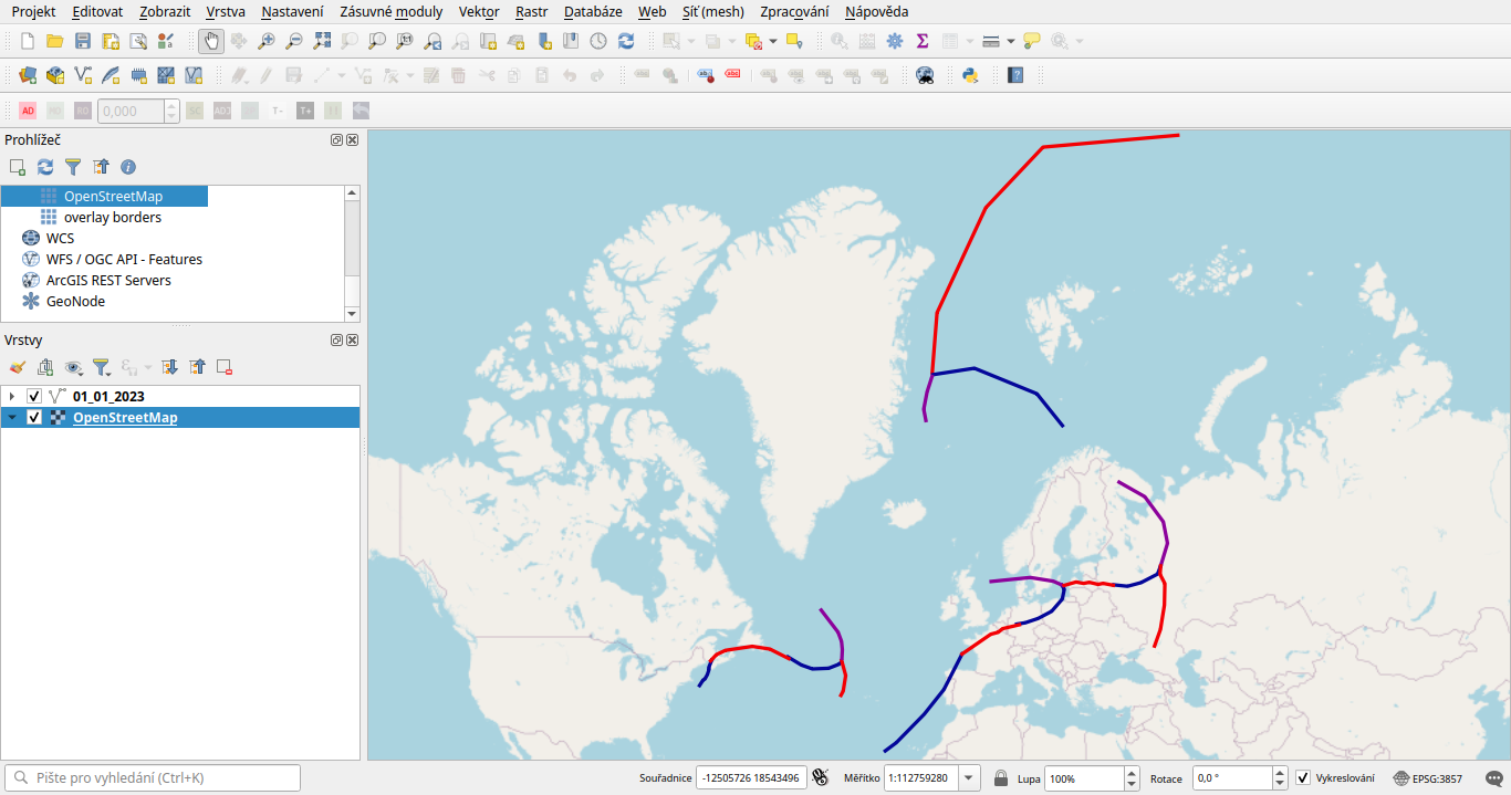 Vektorové fronty zobrazené v QGIS